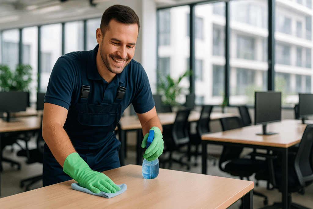 Czyste biuro open space z uśmiechniętymi pracownikami po profesjonalnym sprzątaniu