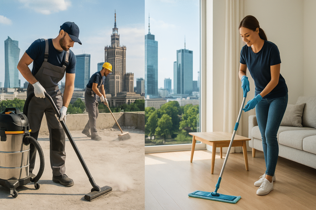 Ekipa sprzątająca usuwa pył budowlany obok osoby sprzątającej salon
