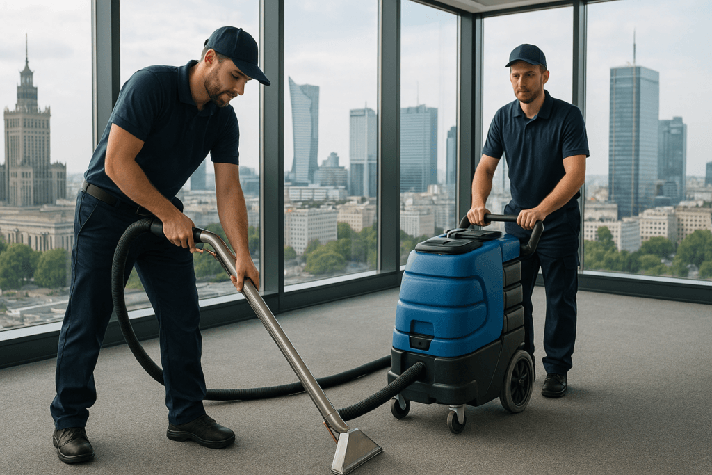 Profesjonalne pranie wykładziny biurowej w Warszawie wykonywane maszyną ekstrakcyjną przez ekipę Z Połyskiem